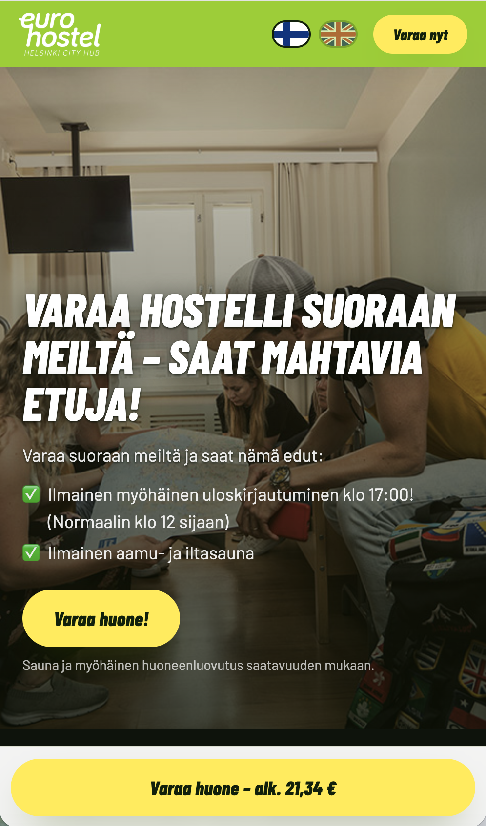 Eurohostel winning mobile landing page with direct-booking benefits